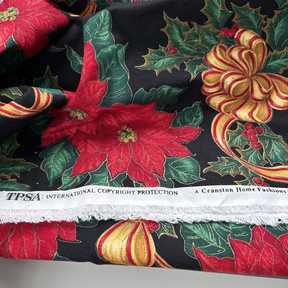 Cranston Home Christmas Holly Holiday Poinsettia Bows Floral Print Cotton Fabric
